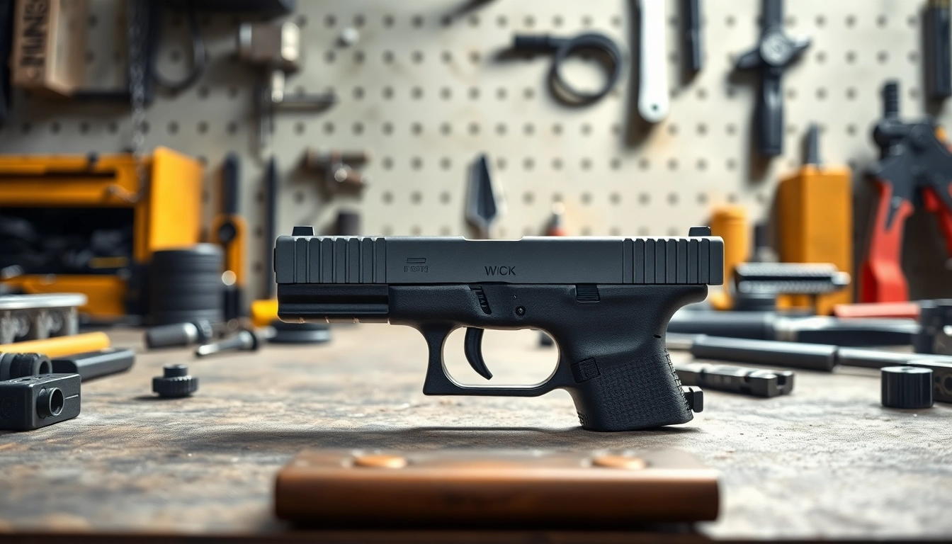 Showcasing the glock 17 mos slide on a workbench, highlighting its design and features.