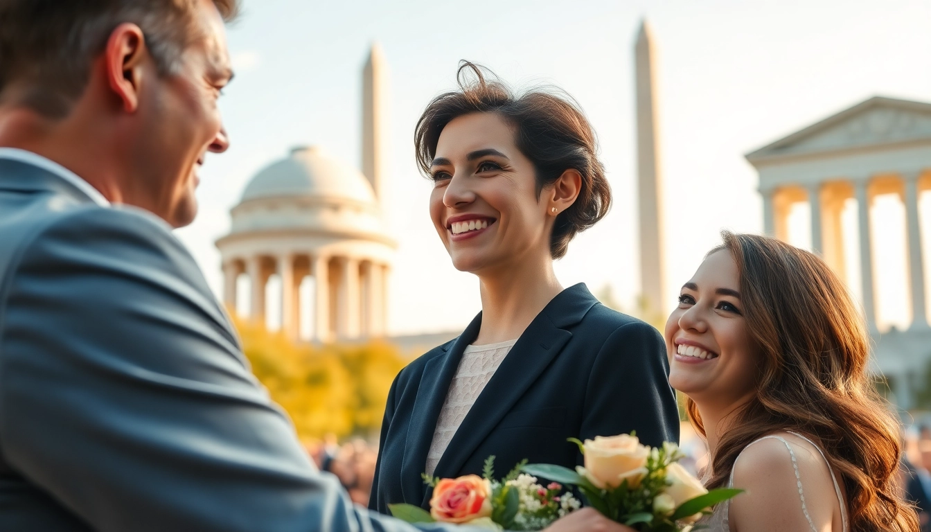 Washington dc wedding coordinator assisting a couple in front of iconic landmarks.