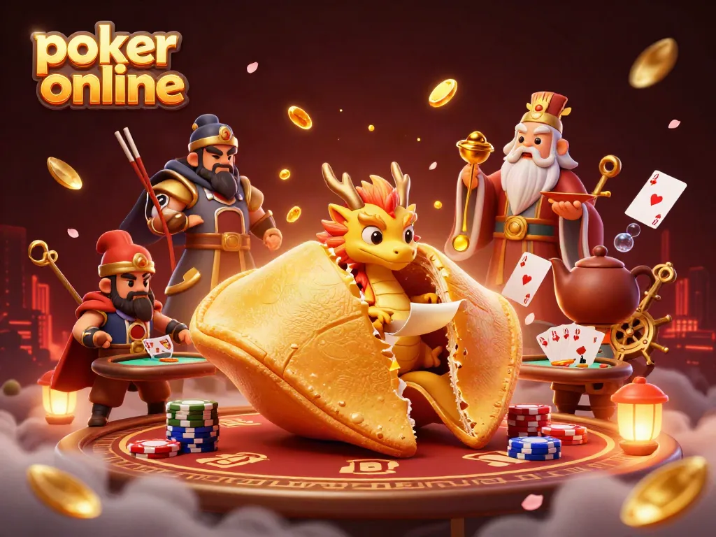 Permainan poker online yang menarik dengan karakter naga dan kartu yang mengapung.