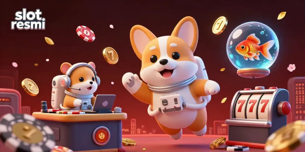 Engage with the lively scene of "slot resmi" featuring a floating corgi in a space casino.