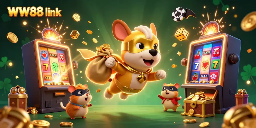 Join the excitement with WW88 link, featuring a heroic dog and hamster amidst a vibrant casino explosion.