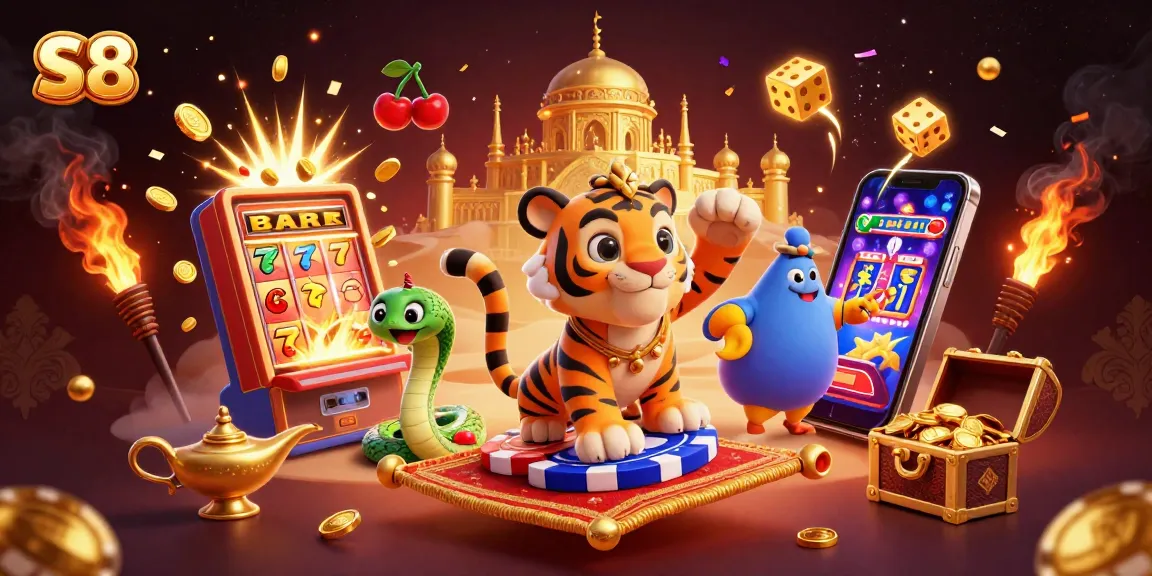 S8 brings thrilling action with a tiger sultan on a flying carpet in a vibrant casino scene.