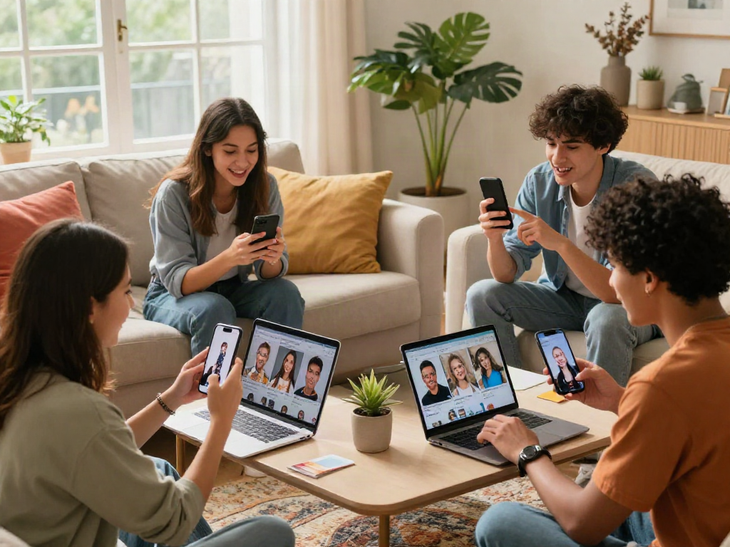 Friends comparing photos using a celebrity look-alike app in a cozy living room.