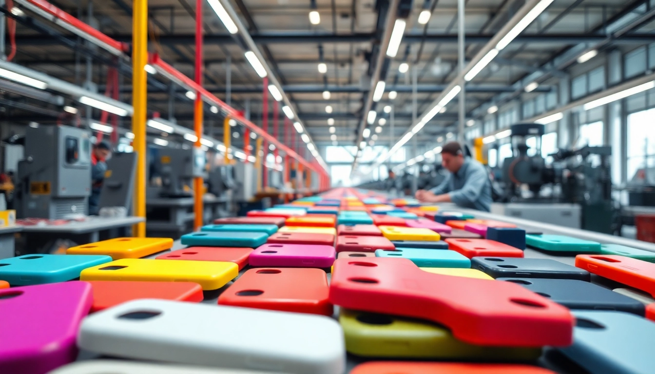 Workers assembling colorful cases in a modern cell phone case factory.