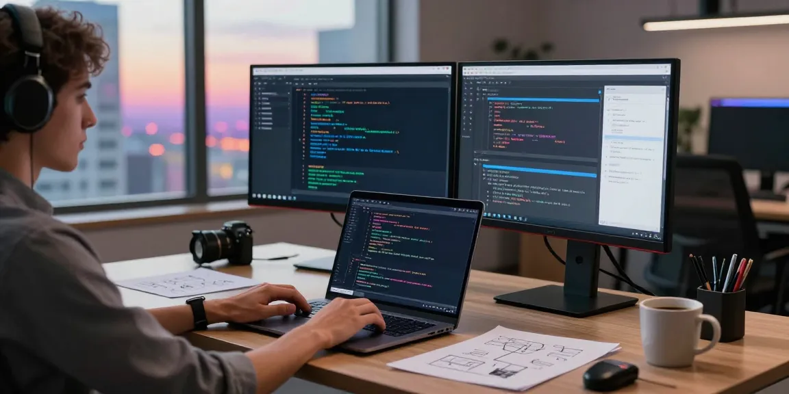 Build internal tools with AI in a modern tech workspace featuring a developer coding at a standing desk.