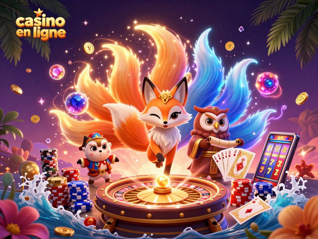 Jouez au casino en ligne avec une illustration captivante de personnages fantastiques, des pièces d'or et des jeux.