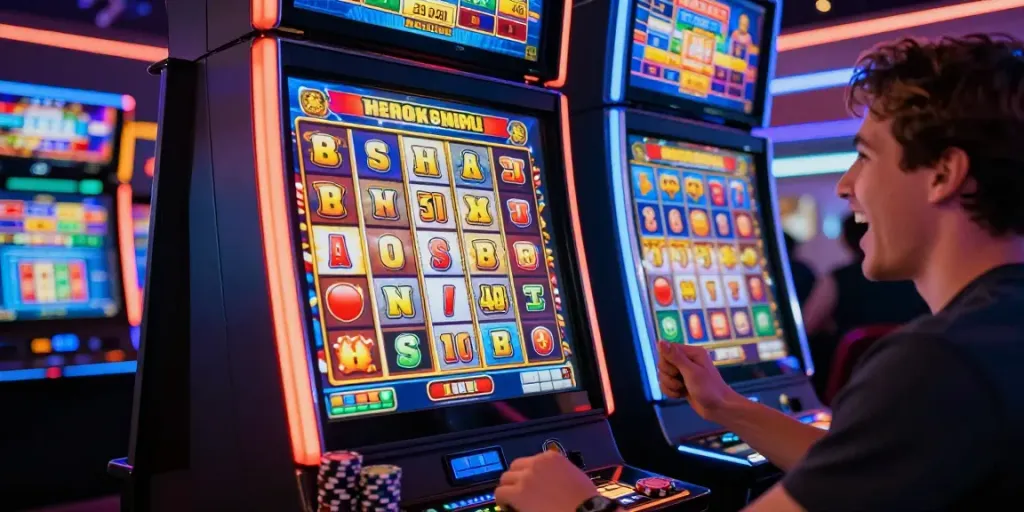 Permainan slot777 online dengan pemain merayakan kemenangan dalam suasana kasino yang ceria.