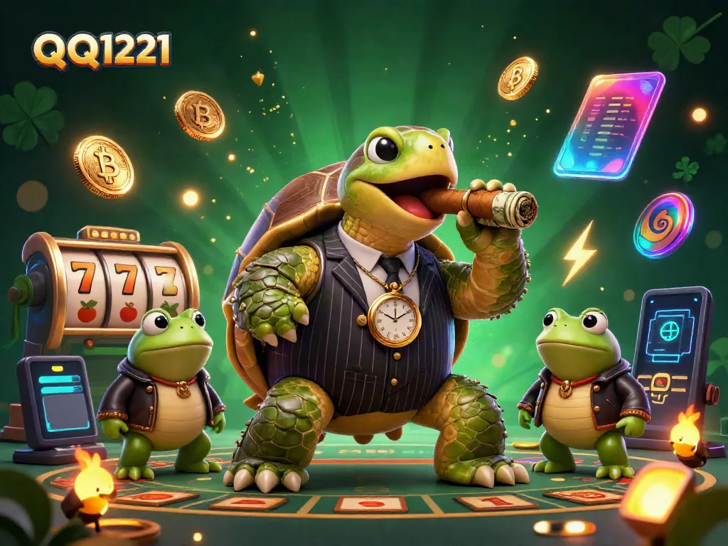 Experience QQ1221 gaming with a lively 3D scene featuring a mobster turtle and bullfrog enforcers.