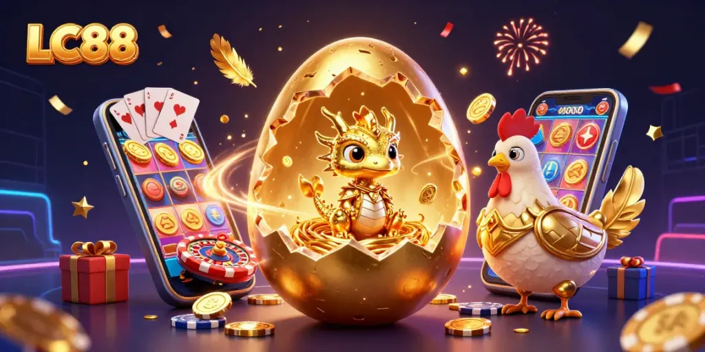 LC88 showcases a thrilling gaming experience with a golden dragon amidst poker chips and slot game excitement.