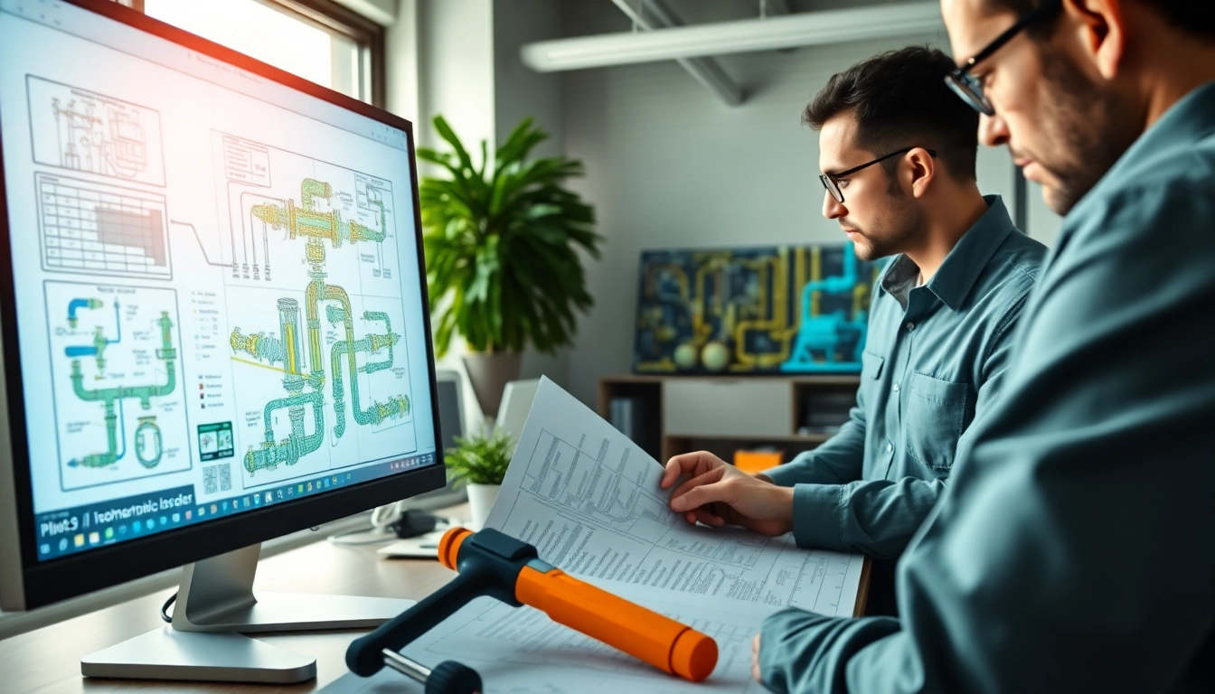 Analyze Plant 3D isometrics within a vibrant design office environment, showcasing detailed piping schematics.