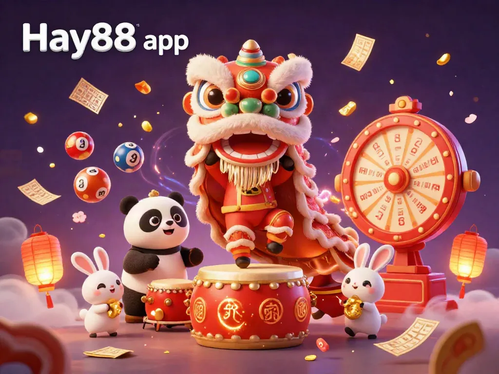 Experience the excitement with Hay88 app's vibrant lion dance, colorful lottery balls, and dynamic casino elements.
