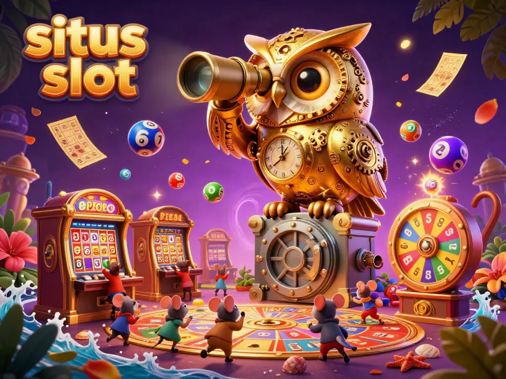 Menyaksikan permainan situs slot yang meriah dengan karakter burung hantu dan tikus dalam suasana kasino yang penuh warna.