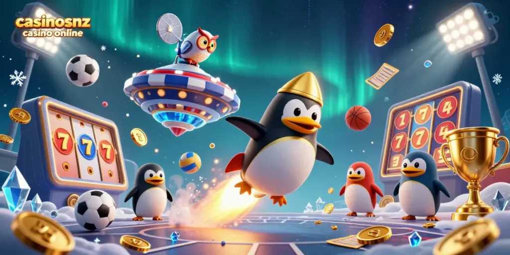 Experience thrilling games at casinosnz casino online with vibrant 3D illustration featuring a golden penguin and casino elements.