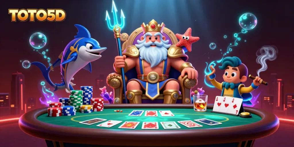 TOTO5D card game scene featuring king Neptune and samurai amidst poker chips and dramatic lighting.
