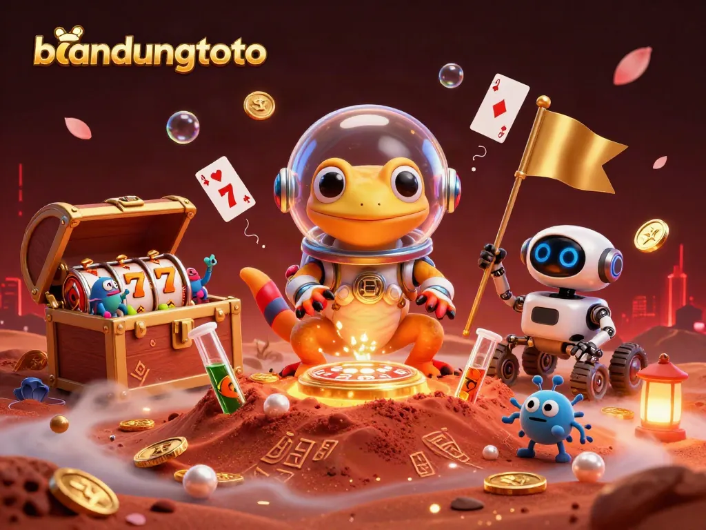 Engage in thrilling gaming adventures at bandungtoto's vibrant casino scene featuring a playful Martian gecko and more.