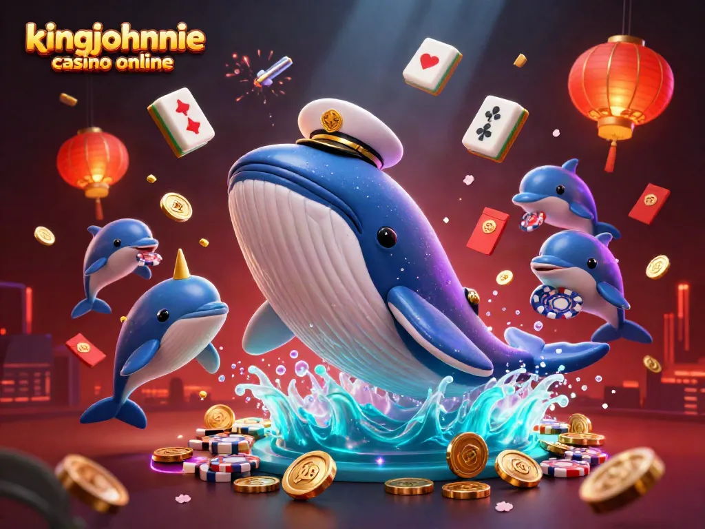 Engage with kingjohnnie casino online featuring a playful whale and dolphins celebrating in a sea of casino coins.