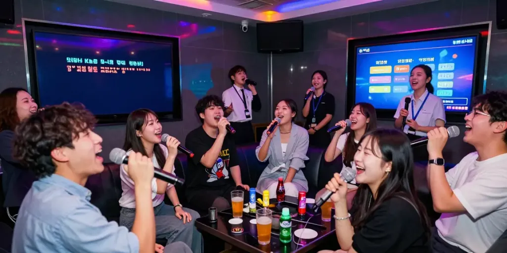 강남 달토의 활기찬 가라오케에서 친구들이 노래 부르는 모습