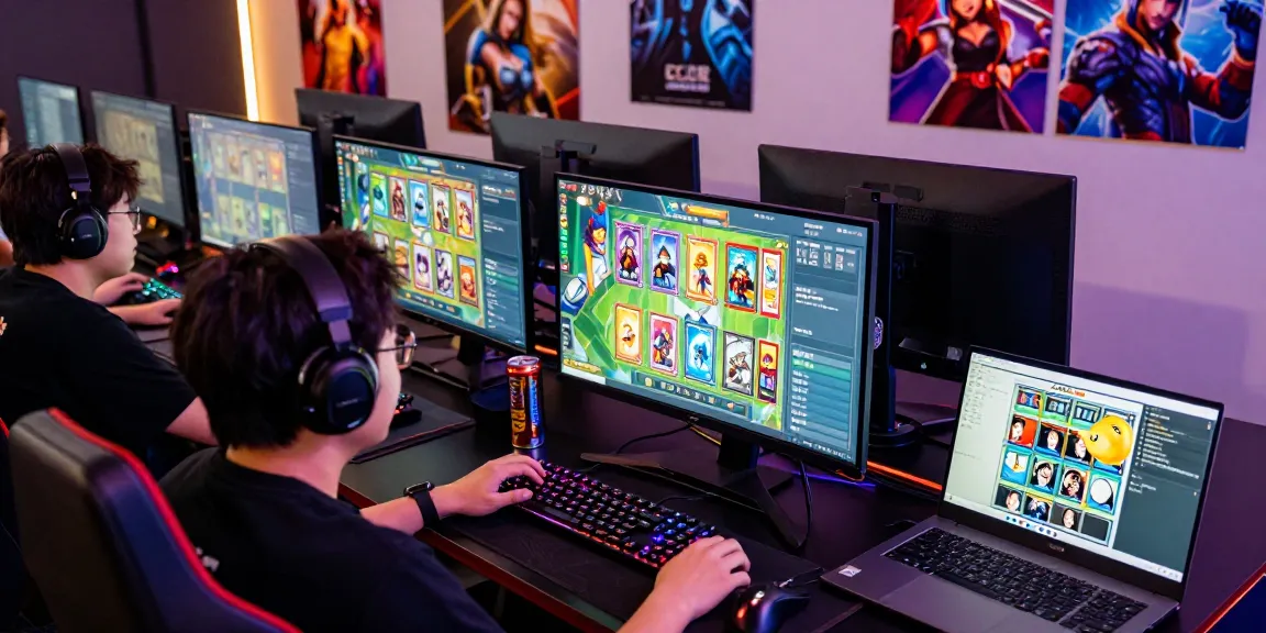 オリパ おすすめ オンラインのため、熱心なゲーマーが多くのモニターでトレーディングカードを購入しているシーン。