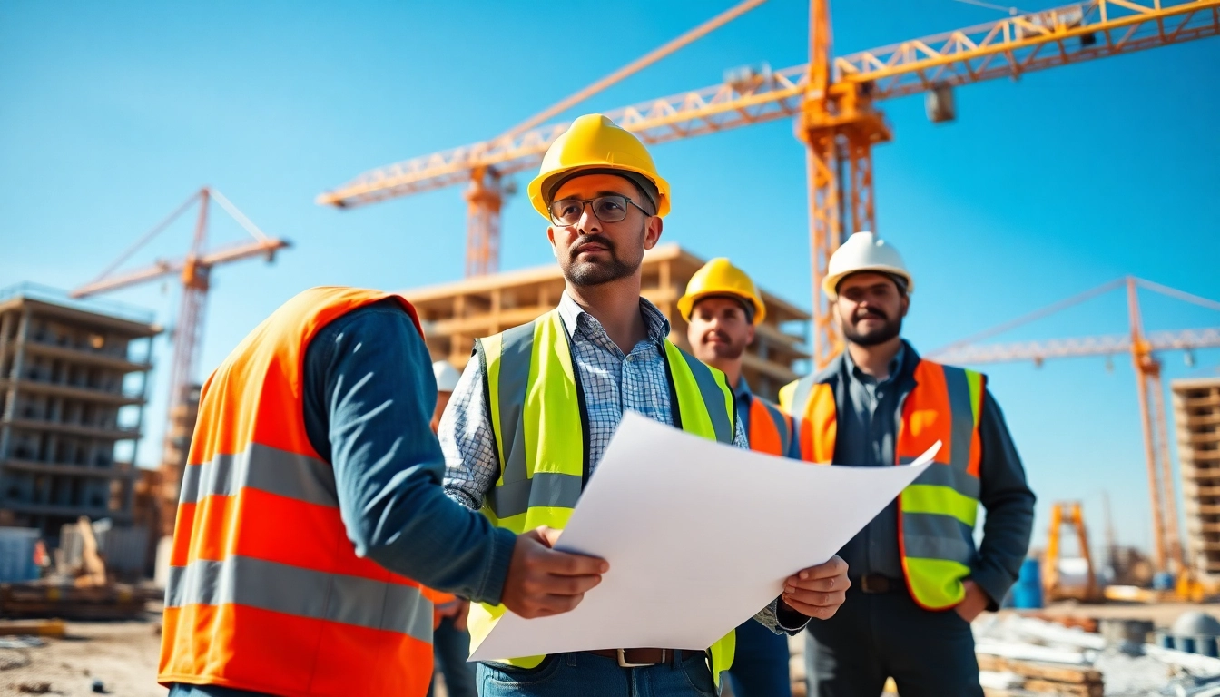 New Jersey Construction Manager guiding a construction team on-site with detailed plans and equipment.