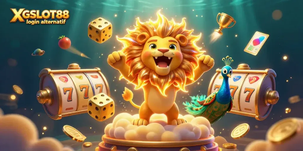 Visual tentang XGSLOT88 login alternatif dengan elemen permainan slot melimpah, menggoda pemain.
