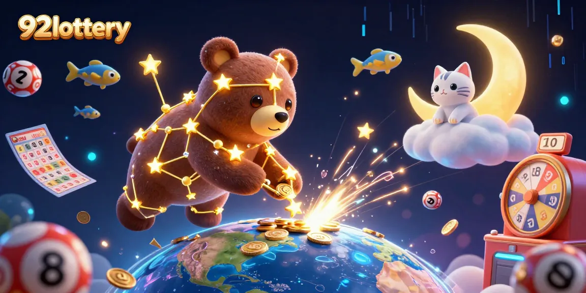 Engage with 92lottery in this vibrant 3D scene featuring lottery elements and cosmic characters.