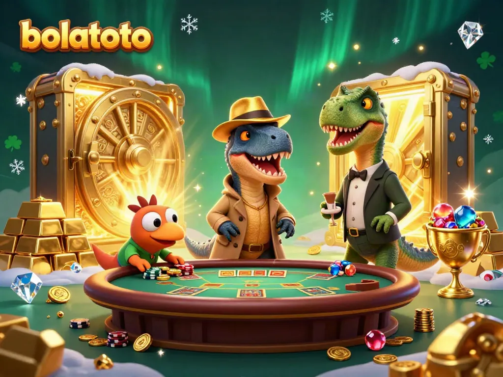 Experience bolatoto excitement with a velociraptor at a blackjack table amid gold treasures and vibrant colors.