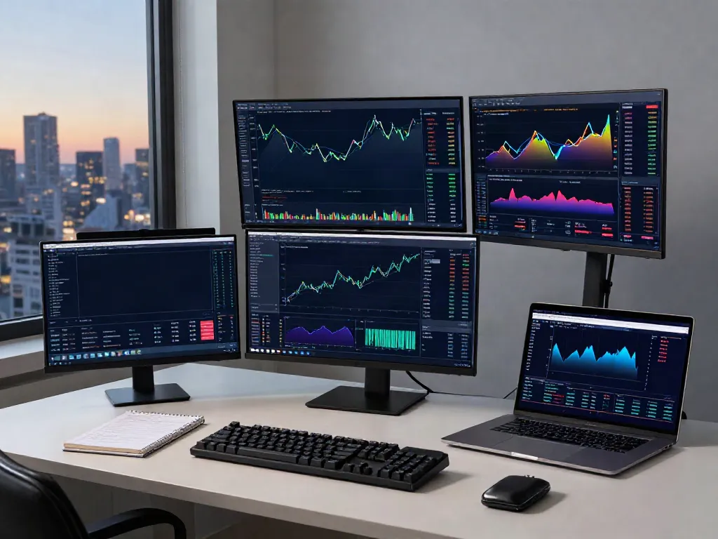 TSE market data feed in a professional trading workspace with multiple screens displaying crypto and stock charts.