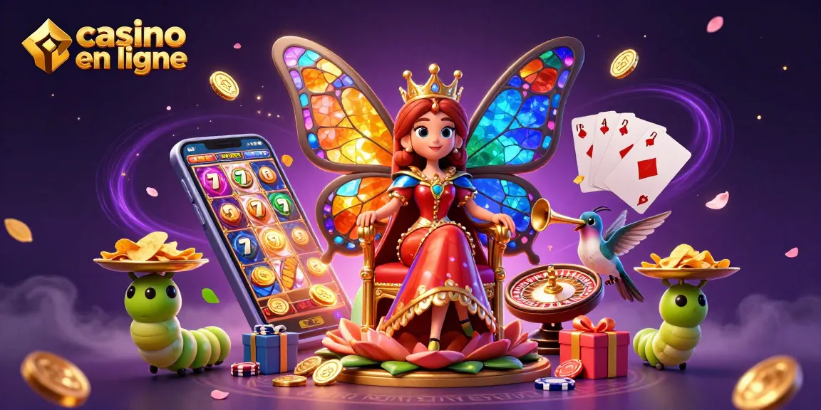 Plongez dans l'univers du casino en ligne avec une illustration animée de la reine papillon et des jeux captivants.