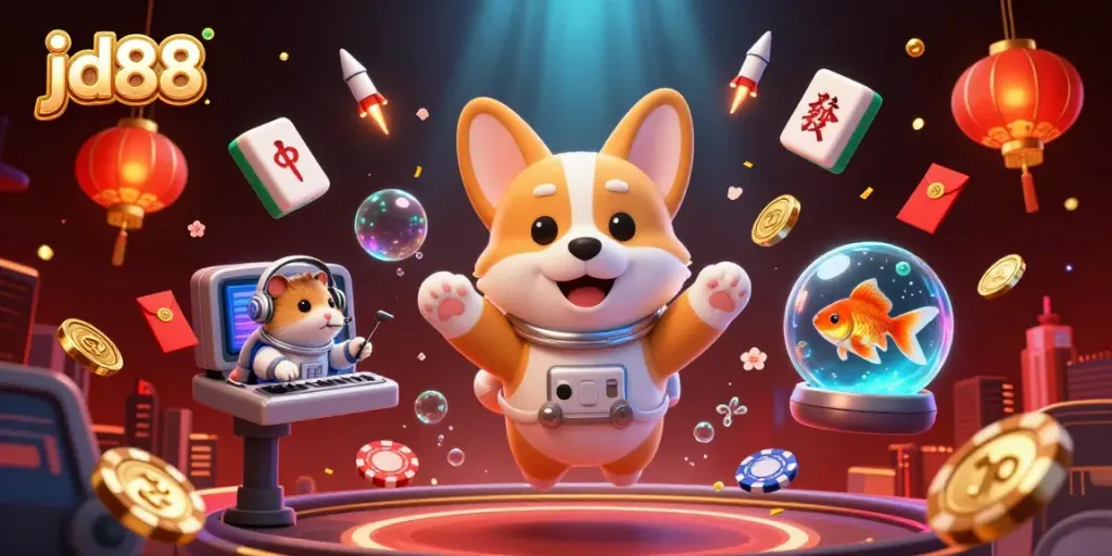 Experience thrilling gaming action at jd88 with floating poker chips and golden coins in a space casino scene.