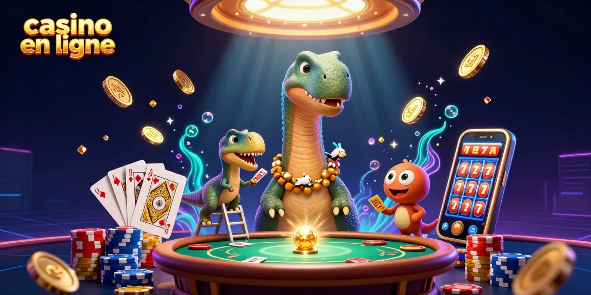 Casino en ligne : animation ludique avec un brontosaurus, un raptor et des éléments de jeu