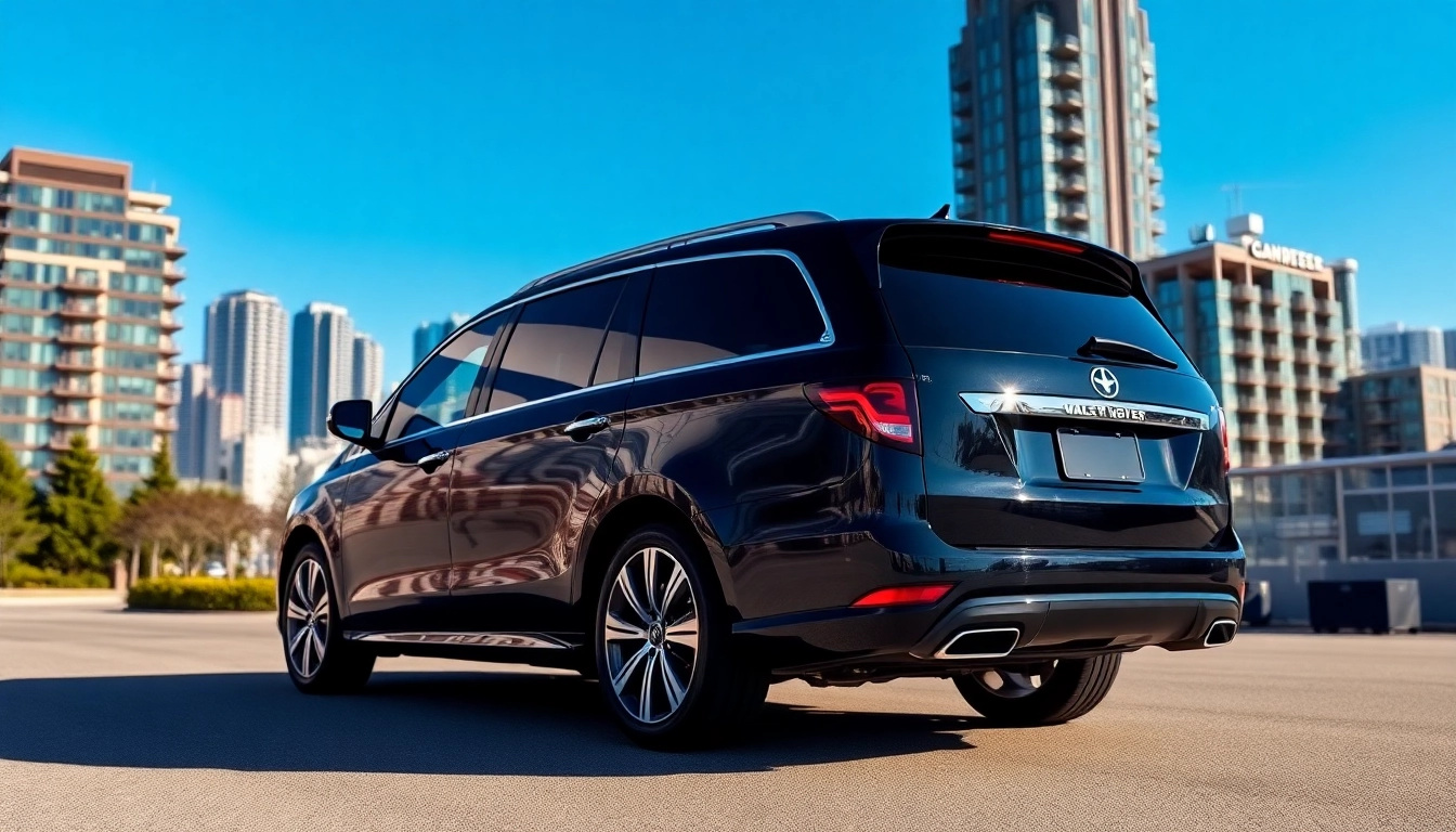 Experience the elegance of private car service vancouver with a luxury vehicle against the city skyline.