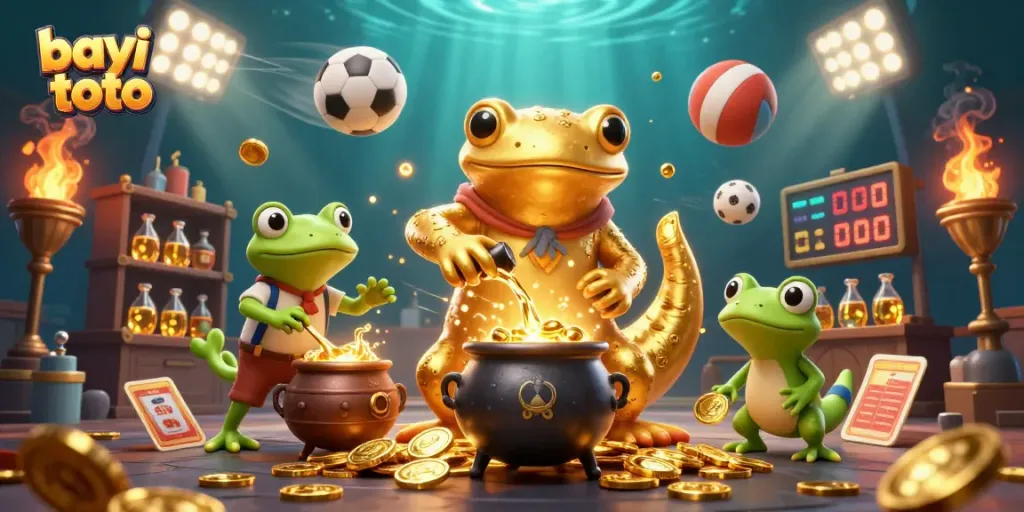 Permainan bayi toto menghadirkan salamander emas bertransformasi menjadi koin emas dalam suasana kasino.