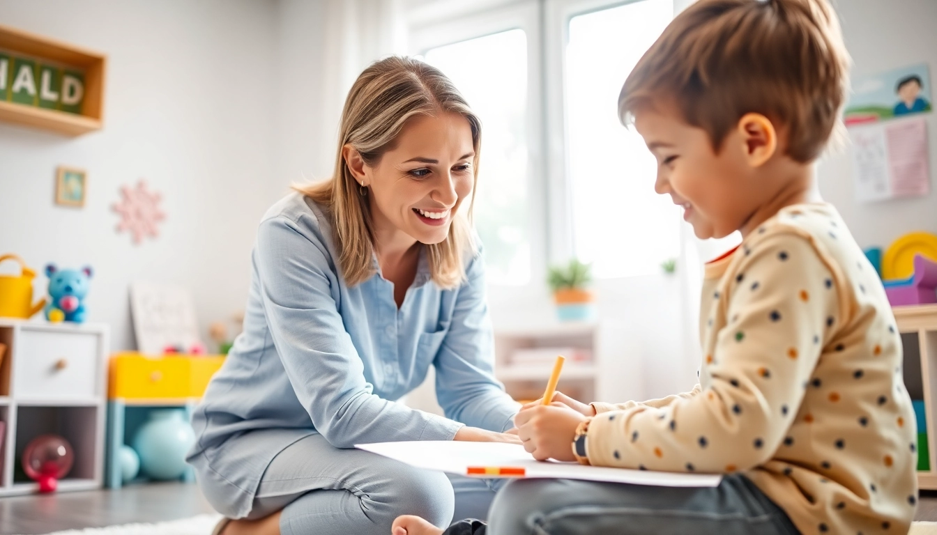 Child engaging in Autism Therapy with a caring therapist in a cheerful room.