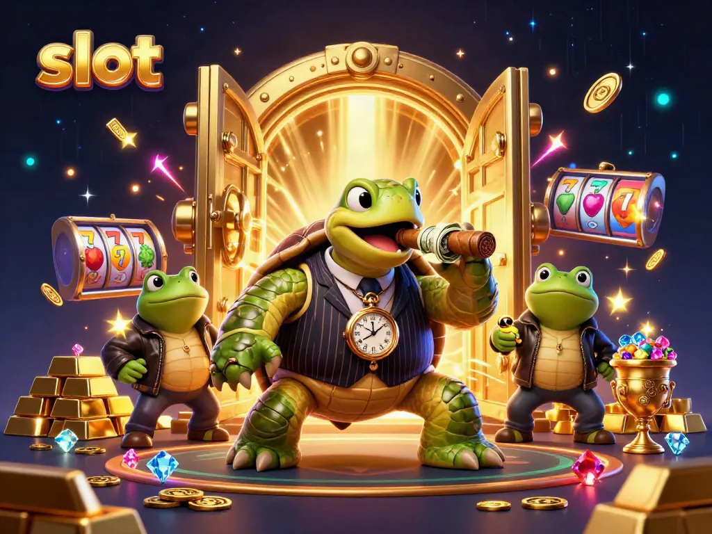 Engage with exciting slot action featuring a cartoon turtle mobster and bullfrog enforcers in a vibrant casino setting