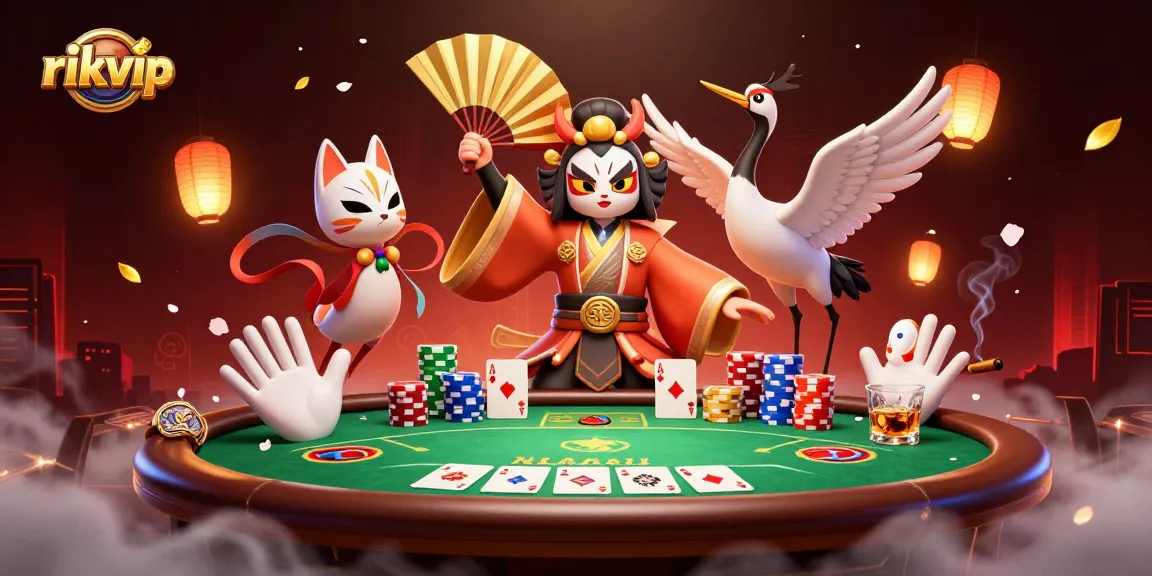 rikvip poker scene featuring kabuki warrior and kitsune mask amidst vibrant casino elements
