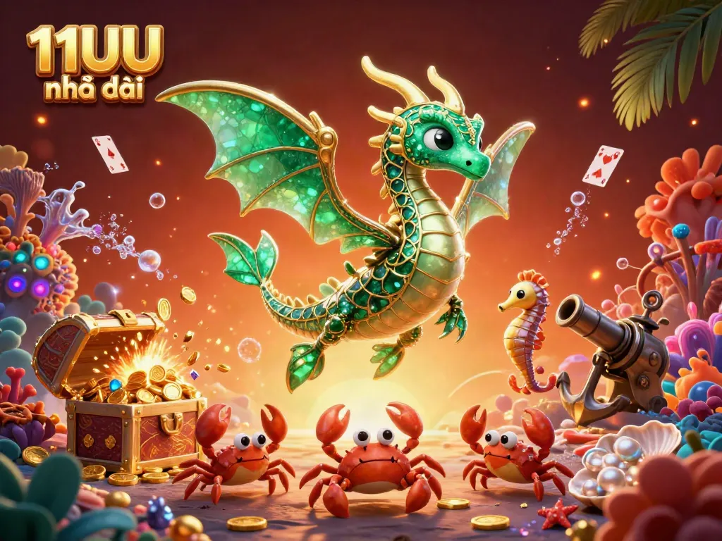 Experience the vibrant world of 11UU nhà cái with a dazzling underwater theme, showcasing a luxurious sea dragon and treasure chests.