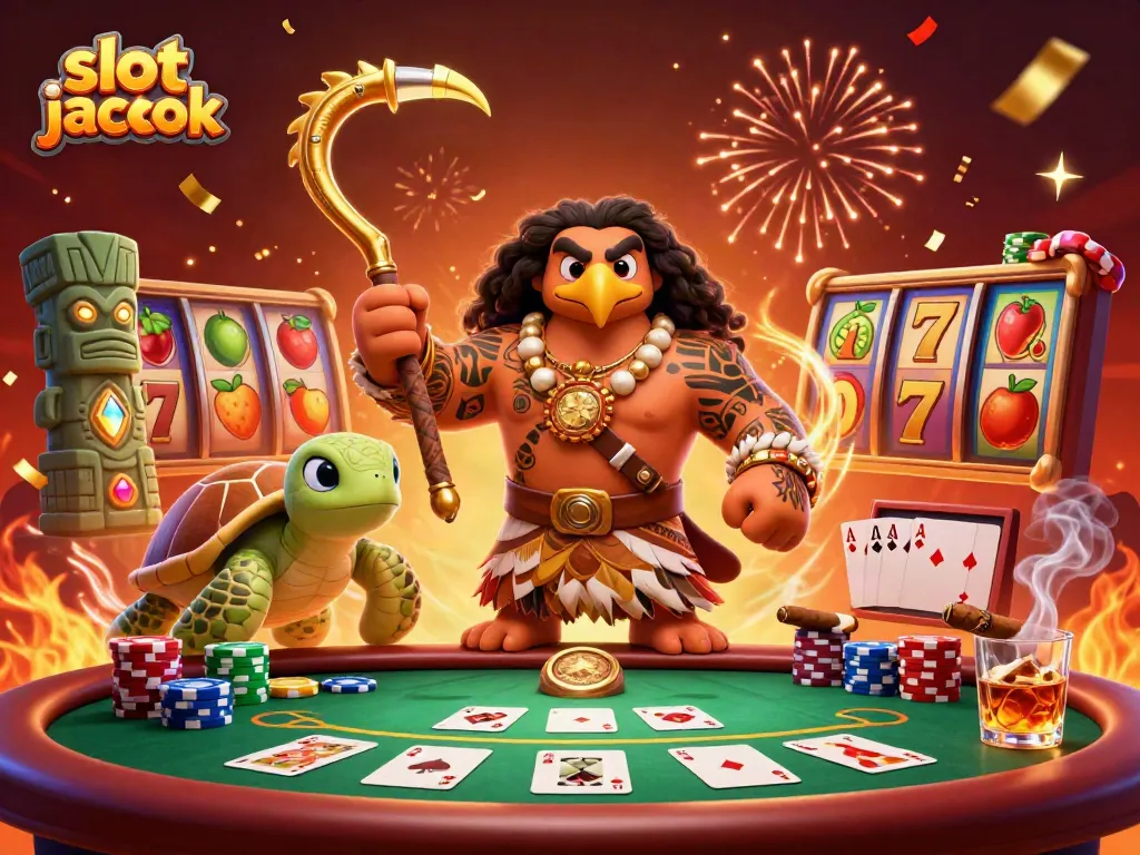 Engaging scene depicting a Polynesian demigod hawk showcasing a slot jackpot with colorful poker elements.