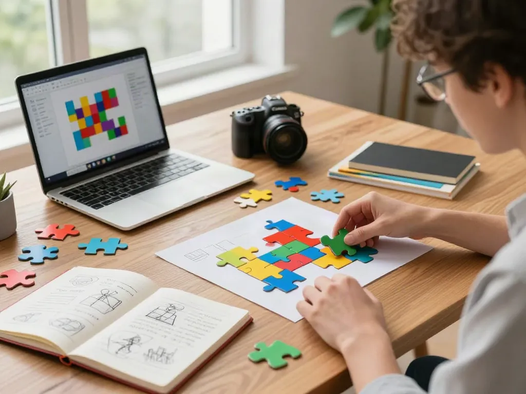 Engaging puzzle design scene at twistlogic.net with colorful pieces and bright workspace.