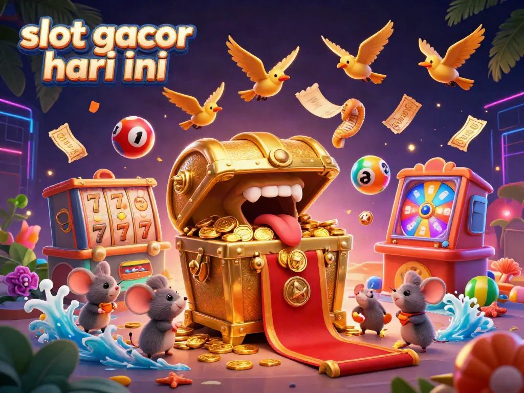 Engage with slot gacor hari ini as treasure-seeking mice gather around a golden treasure chest and vibrant slots.