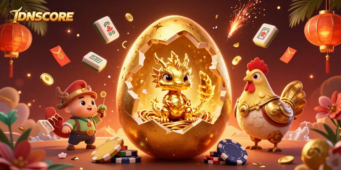 Experience the thrill of IDNSCORE with a golden dragon on poker chips, amidst rich gaming symbols.