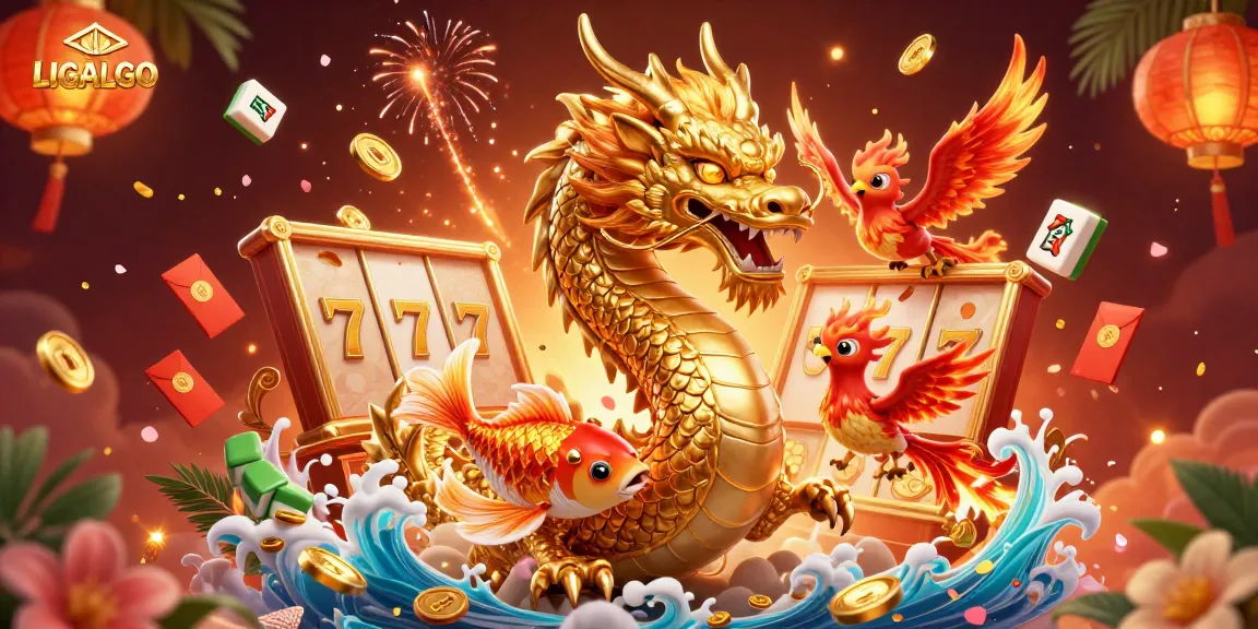 LIGALGO showcases a thrilling scene with a golden dragon and phoenix in an online slot adventure.