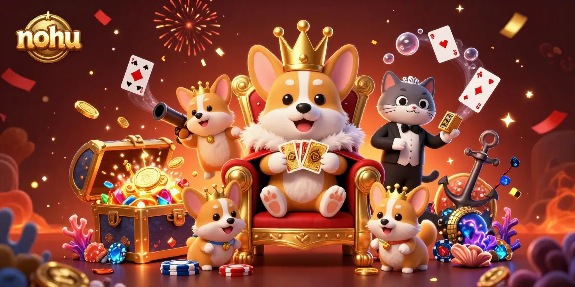 Join the fun at Nohu, where royal corgi characters engage in lively casino adventures with gold coins and treasures.
