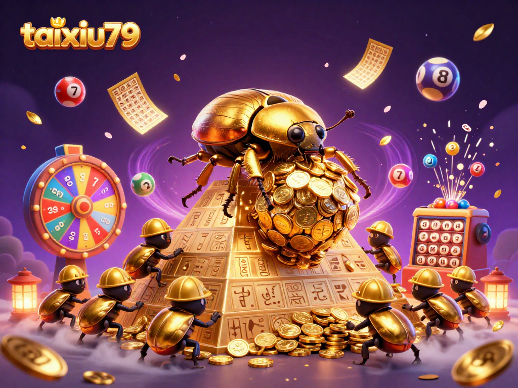 Experience taixiu79 with a captivating 3D scene of golden beetles and colorful lottery elements.