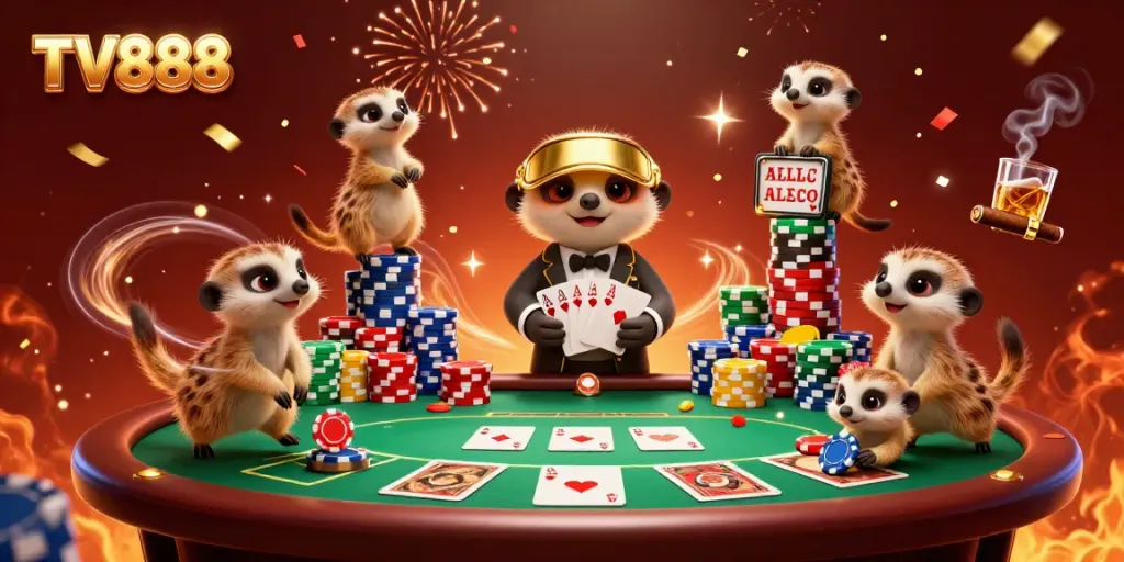 Engage with TV888's vibrant casino scene featuring meerkats in action with poker elements.