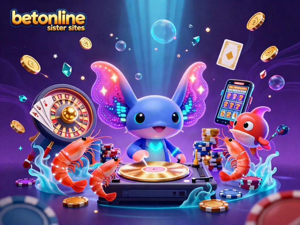 Experience gaming with betonline sister sites in a lively 3D casino scene filled with vibrant characters and elements.
