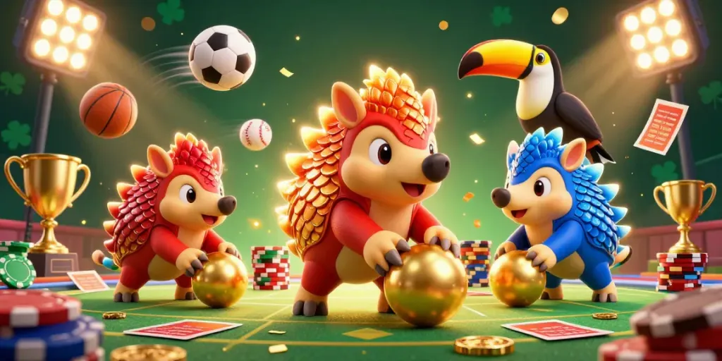 Rival pangolins compete in a real money online casino, rolling through poker chips amid colorful confetti.