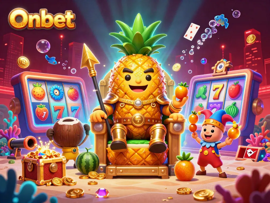 Experience the excitement of Onbet with a vibrant casino scene featuring a golden pineapple king.