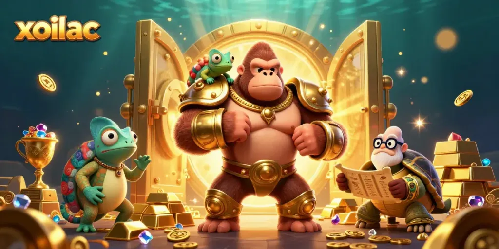 Experience excitement with xoilac as the gorilla king celebrates riches in this vibrant gambling-themed illustration.
