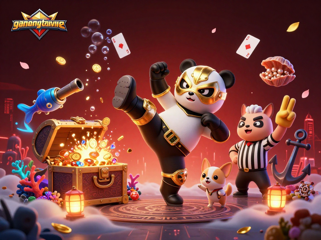 Engage with gamenongtraivuive featuring dynamic 3D cartoon casino scene with panda wrestler and treasure-filled coral.