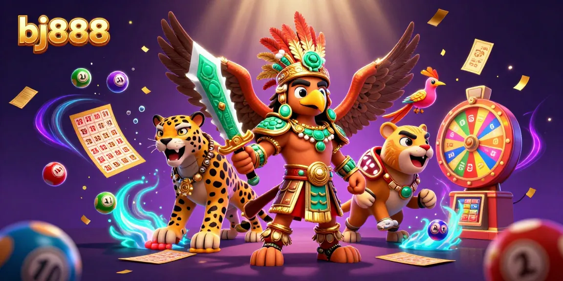 Join the action at bj888 with Aztec warriors, lively lottery games, and vibrant casino elements.